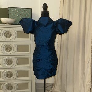 Structured Puff-Sleeve Cocktail Dress in Deep Blue